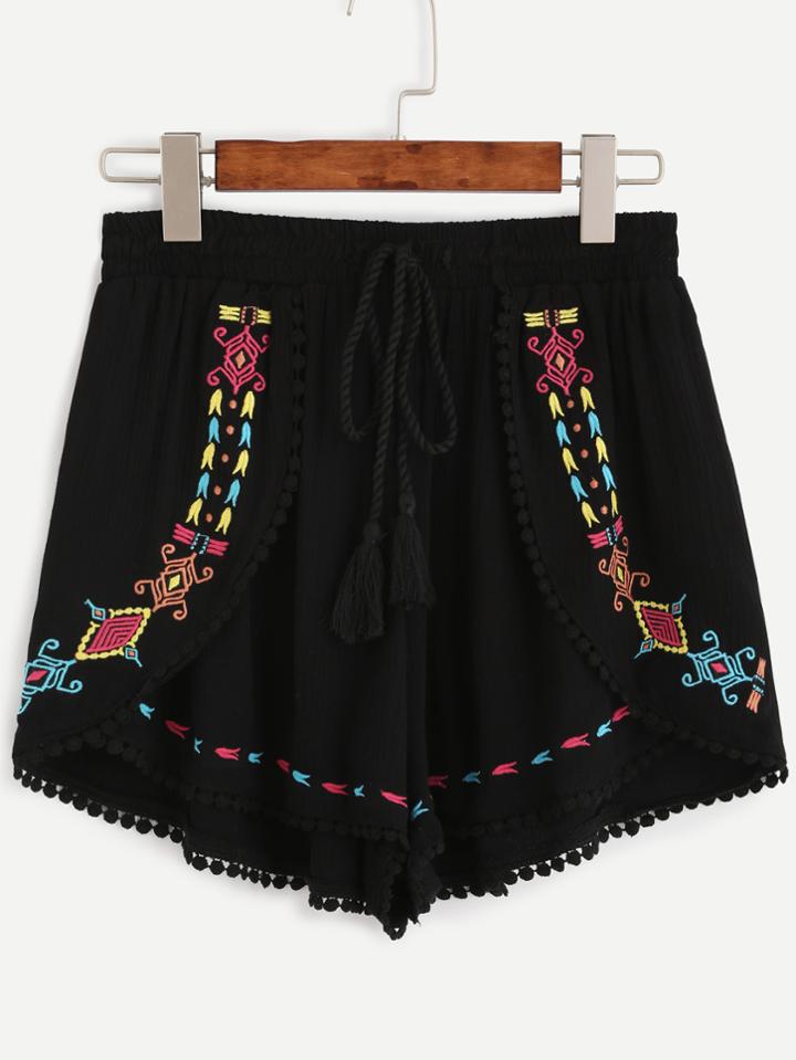Shein Black Embroidered Drawstring Tassel Waist Shorts