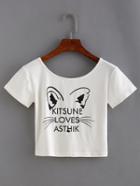 Shein Cat Outline Print Crop T-shirt - White