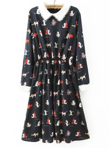 Shein Black Contrast Collar Cats Print Dress