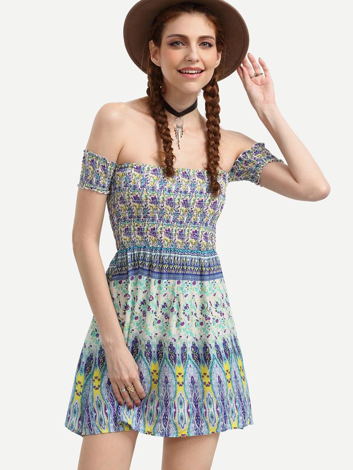 Shein Ruffle Green Off The Shoulder Tribal Print A Line Dress