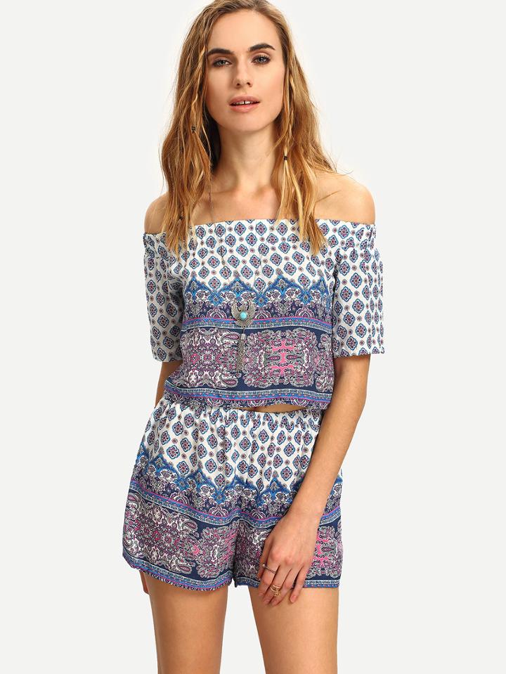 Shein Off-the-shoulder Paisley Print Top With Shorts