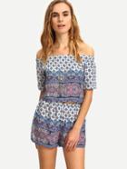 Shein Off-the-shoulder Paisley Print Top With Shorts