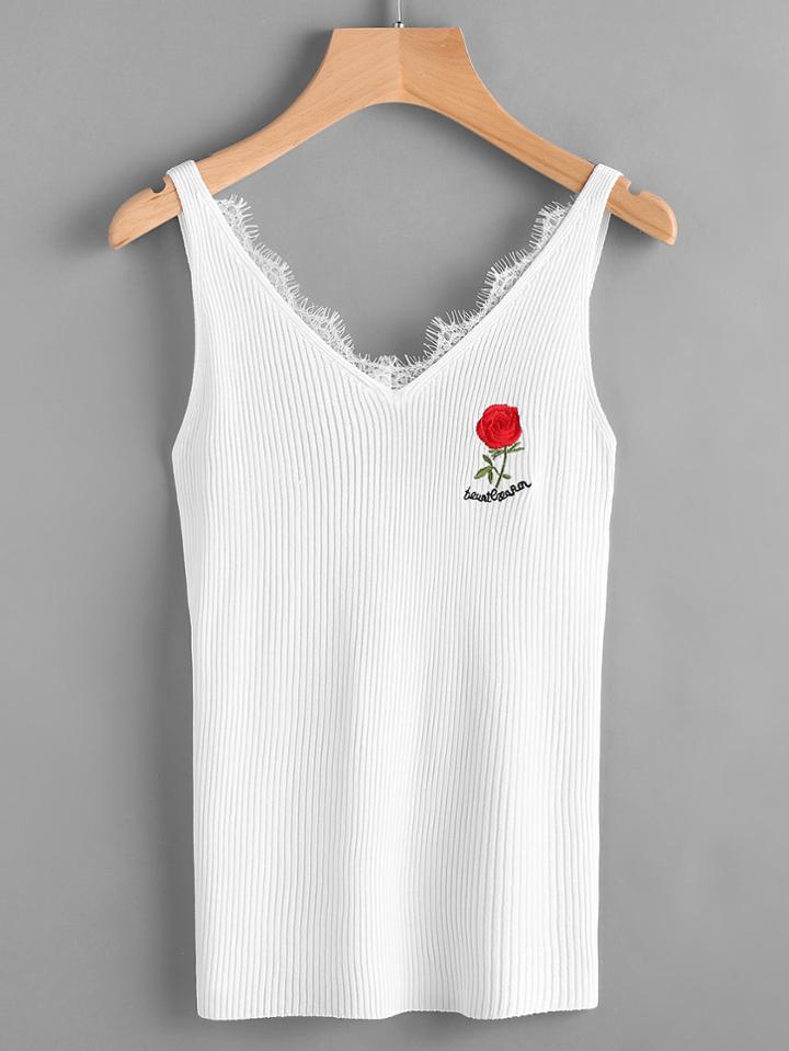 Shein Contrast Lace Ribbed Tank Top