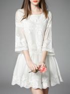 Shein White Bell Sleeve Embroidered Scallop Dress