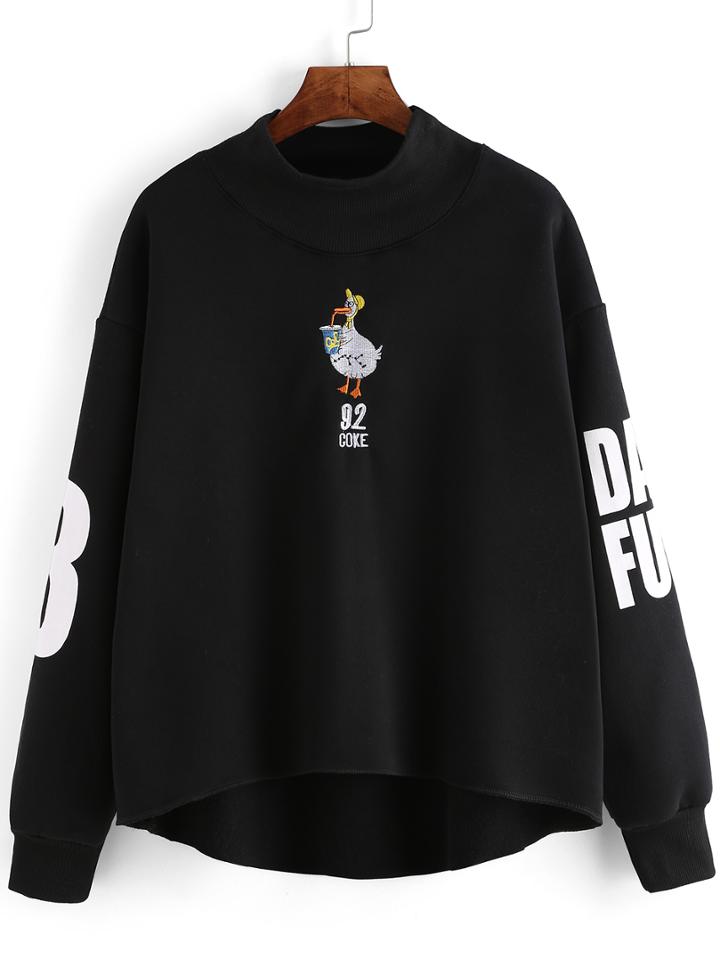Shein Black Mock Neck Embroidered Dip Hem Sweatshirt