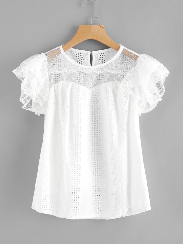 Shein Ruffle Sleeve Lace Contrast Blouse