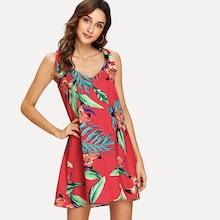 Shein Jungle Leaf Print Tied Strap Dress