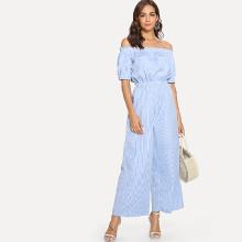 Shein Off-shoulder Striped Elastic Waist Jumpsuit
