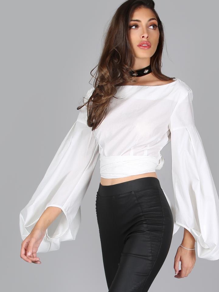 Shein Lantern Sleeve Belted Back Crop Top