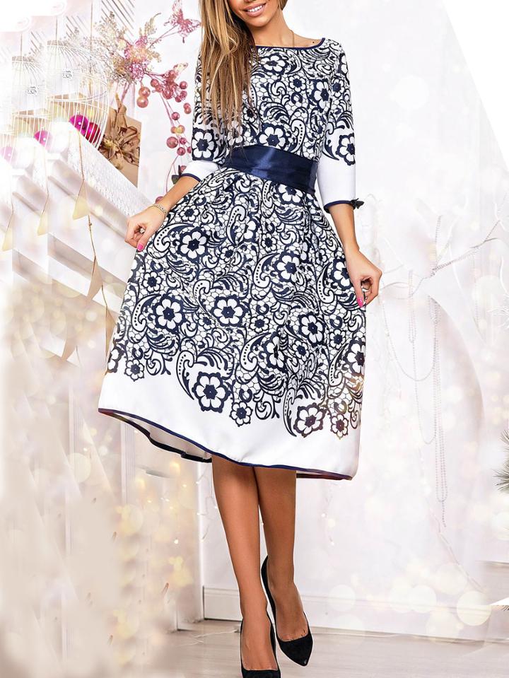 Shein Flower Print Bow Tie Waist Blue Dress