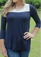 Rosewe Cowl Back Navy Blue Lace Splicing Blouse