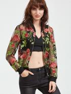 Shein Multicolor Rose Embroidered Zip Up Organza Bomber Jacket