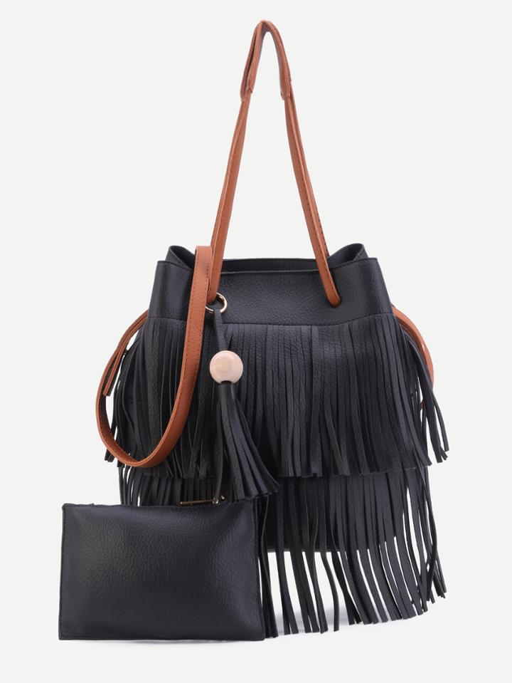 Shein Black Pu Tassel Fringe Convertible Shoulder Bag With Clutch