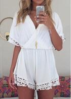 Rosewe Lace Splicing V Neck White Rompers
