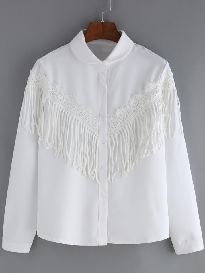 Shein White Lapel Long Sleeve Tassel Blouse