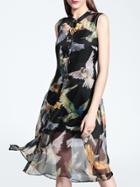 Shein Black Gauze Birds Print Sheer Dress