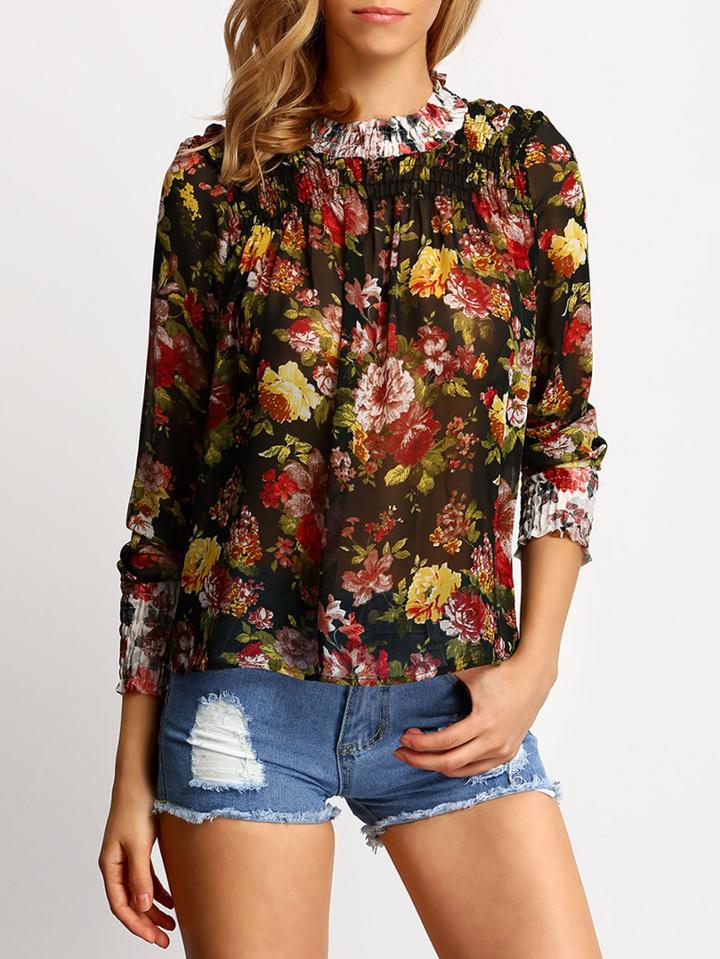 Shein Multicolor Frill Neck Floral Chiffon Blouse