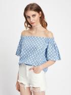 Shein Off Shoulder Bell Sleeve Polka Dot Top