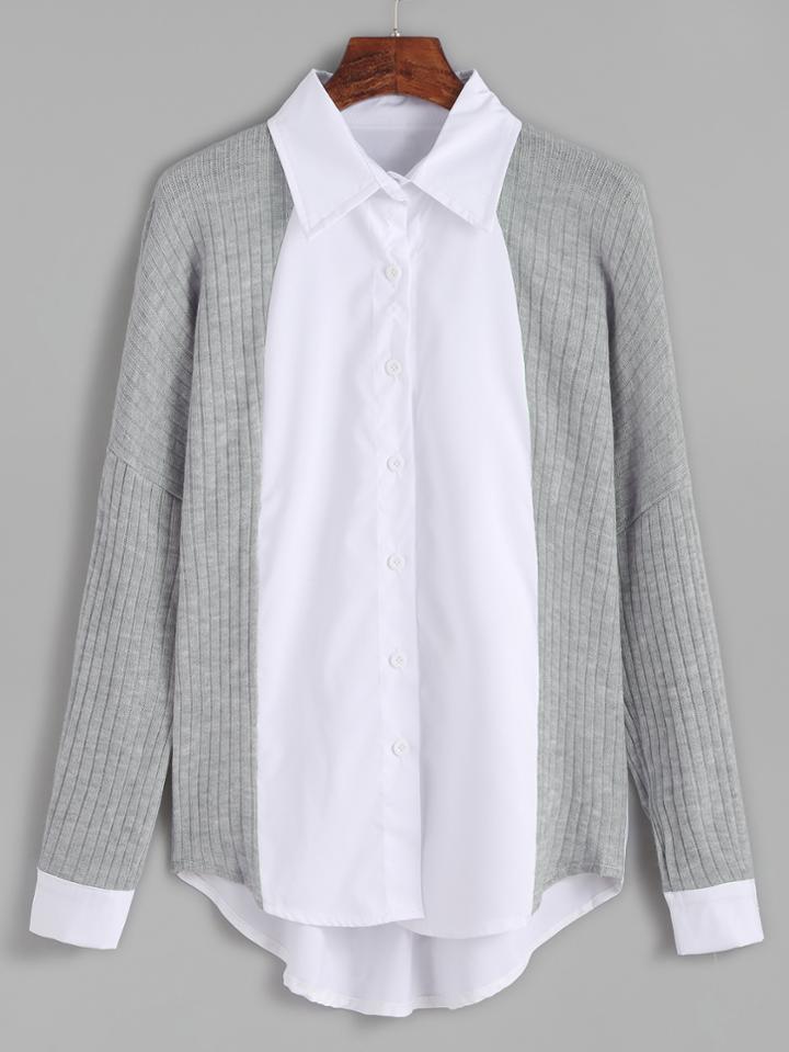 Shein Contrast Ribbed High Low Drop Shoulder Blouse