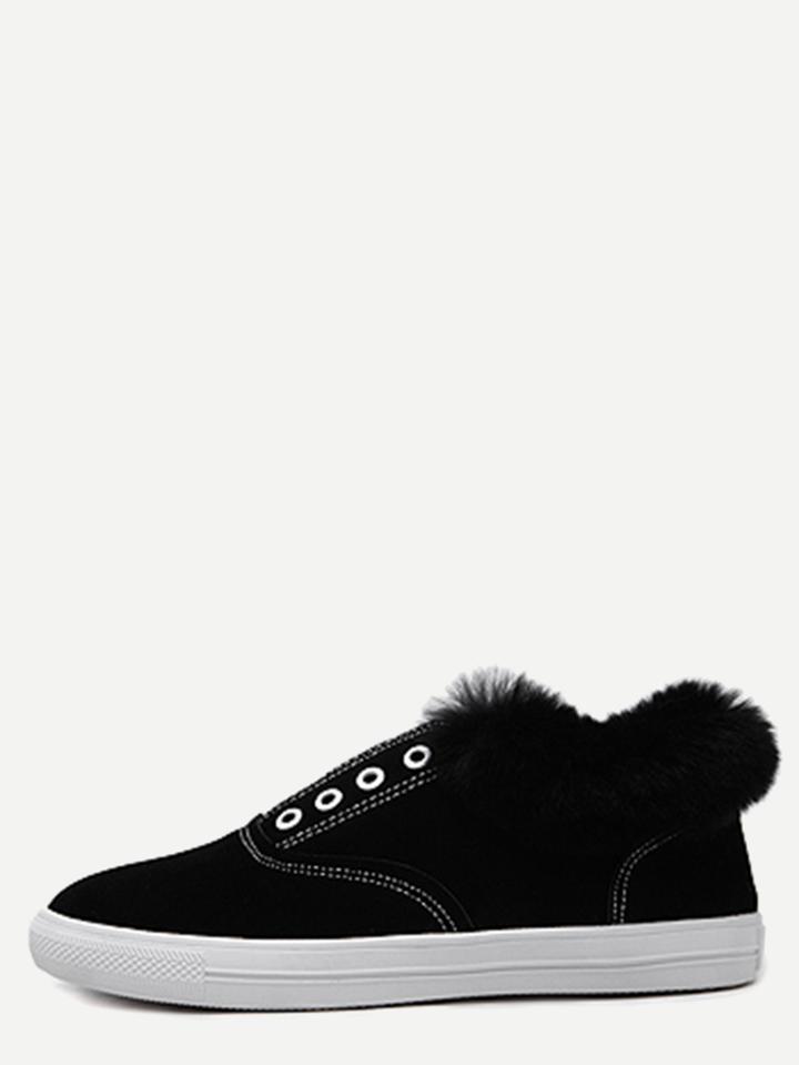 Shein Black Suede Fur Cuff Rubber Sole Flats