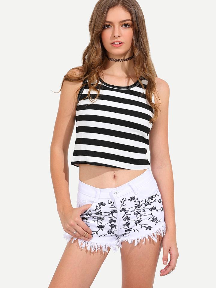 Shein Flower Embroidered Raw Hem White Denim Shorts