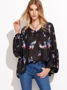 Shein Birds Print V Neck Lantern Sleeve High Low Blouse
