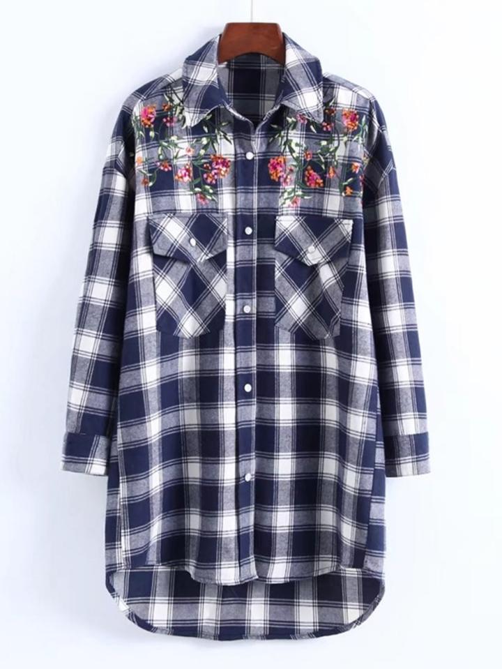 Shein Flower Embroidery Dip Hem Checked Blouse