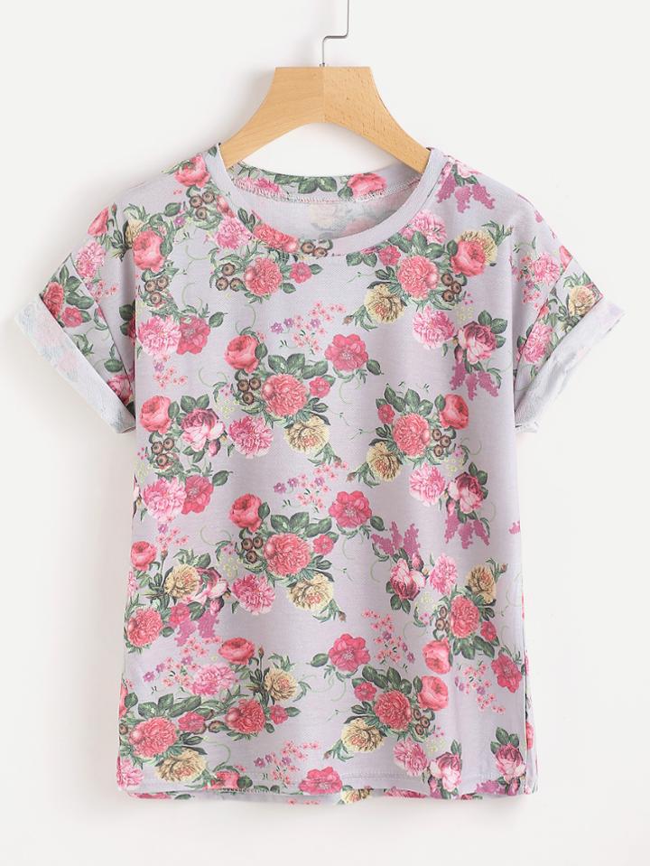 Shein Calico Print Cuffed Tee