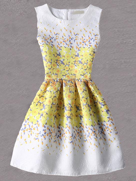 Shein Yellow Flower Print Fit And Flare Jacquard Dress