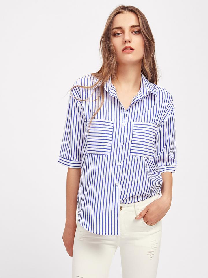 Shein Patch Pocket Front Pinstripe Shirt