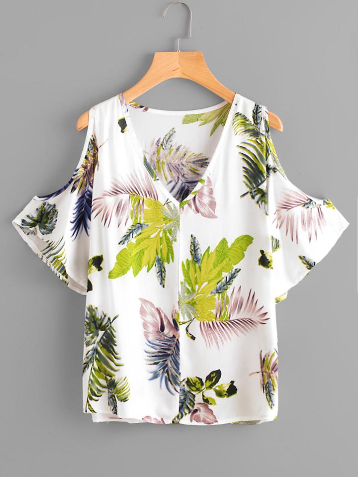 Shein Random Leaf Print Open Shoulder Blouse