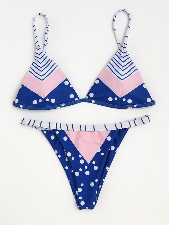 Shein Dot & Striped Print Tie Back Bikini Set