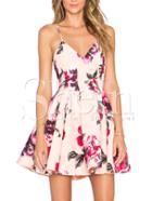Shein Pink Spaghetti Strap Backless Floral Print Flare Dress