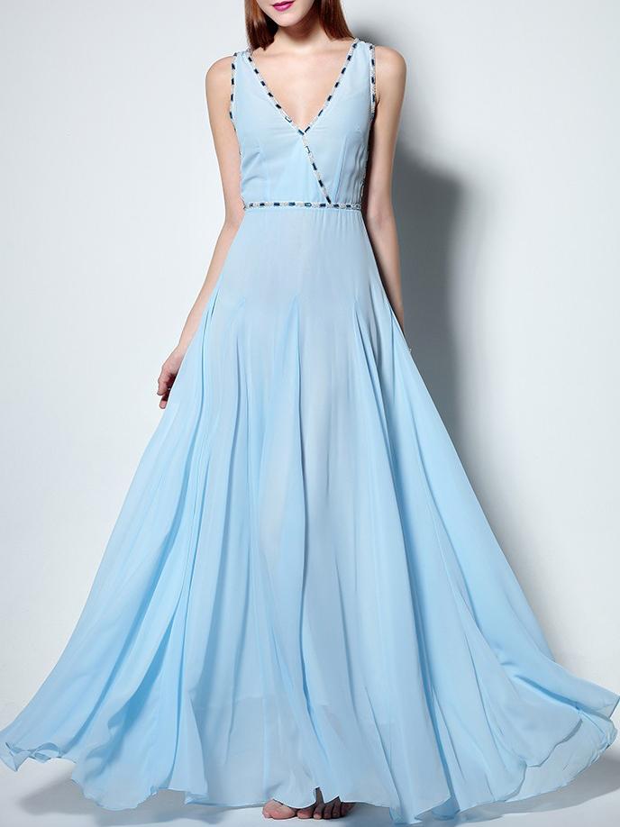 Shein Blue V Neck Sleeveless Beading Maxi Dress
