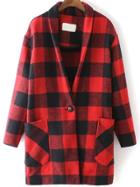 Shein Red Black Plaid Pockets Woolen Coat