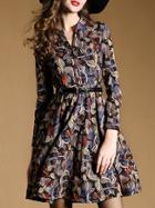 Shein Multicolor V Neck Long Sleeve Drawstring Pockets Dress