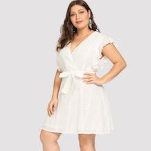 Shein Plus Flutter Sleeve Embroidered Eyelet Belted Dress