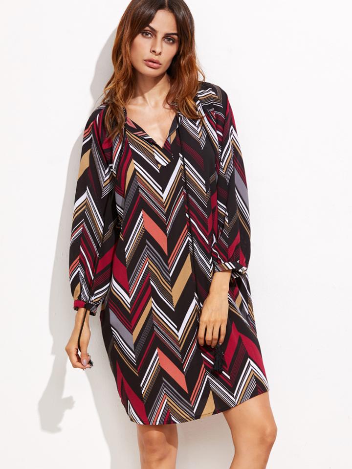 Shein Chevron Print Lace Up Fringe Shift Dress