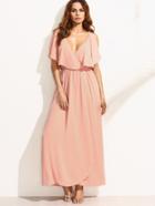 Shein Pink Deep V Neck Ruffle Sleeveless Maxi Dress