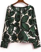 Shein Green Long Sleeve Ikat Neat Awesome Leaves Print Crop Blouse