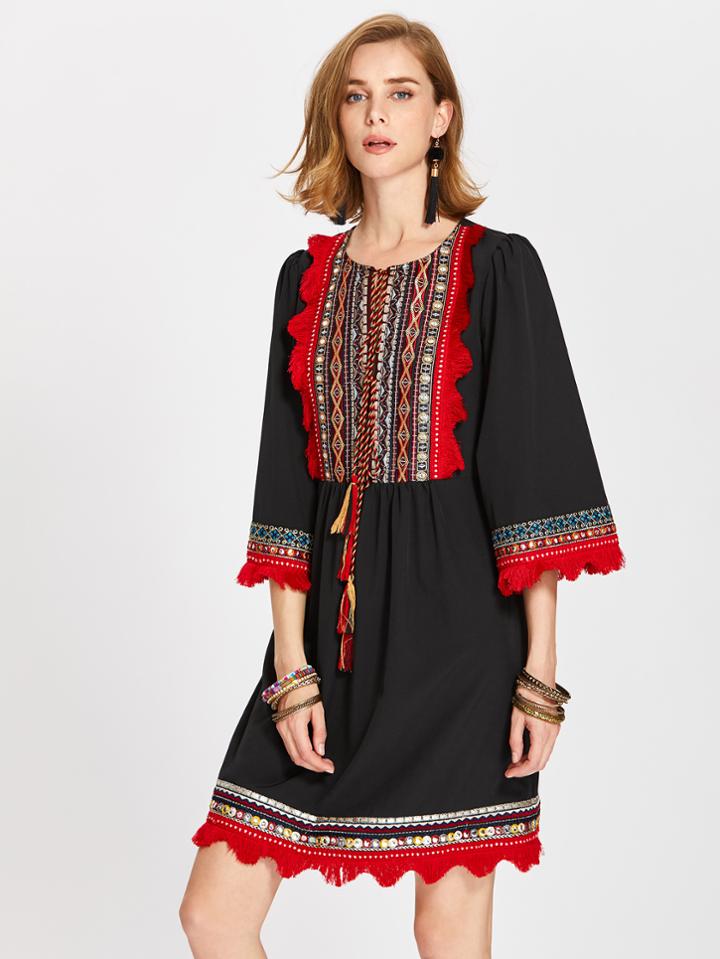 Shein Tasseled Tie Fringe Lace Trim Embroidery Detail Dress