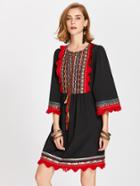 Shein Tasseled Tie Fringe Lace Trim Embroidery Detail Dress