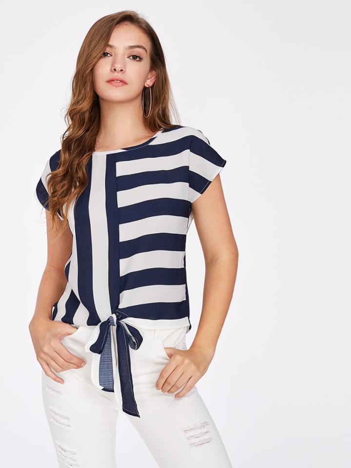 Shein Mixed Striped Tied Front Top