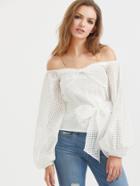Shein Off The Shoulder Lantern Sleeve Belted Checkered Mesh Top