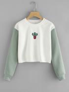 Shein Cactus Embroidered Contrast Sleeve Raw Hem Sweatshirt