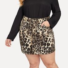 Shein Plus Leopard Pattern Denim Skirt With Belt