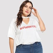 Shein Plus V Cut Choker Neck Letter Print Tee