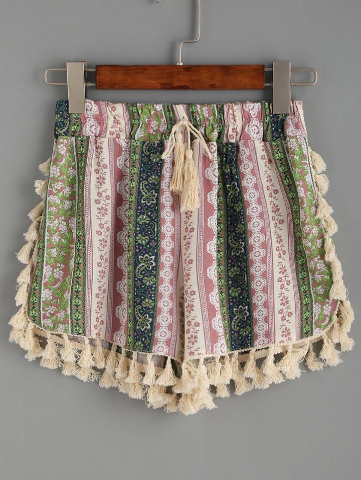 Shein Multicolor Floral Print Tassel Trim Drawstring Shorts