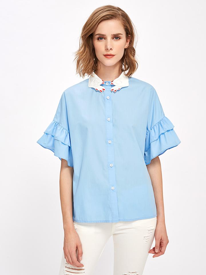 Shein Contrast Embroidered Hand Collar Layered Flute Sleeve Shirt