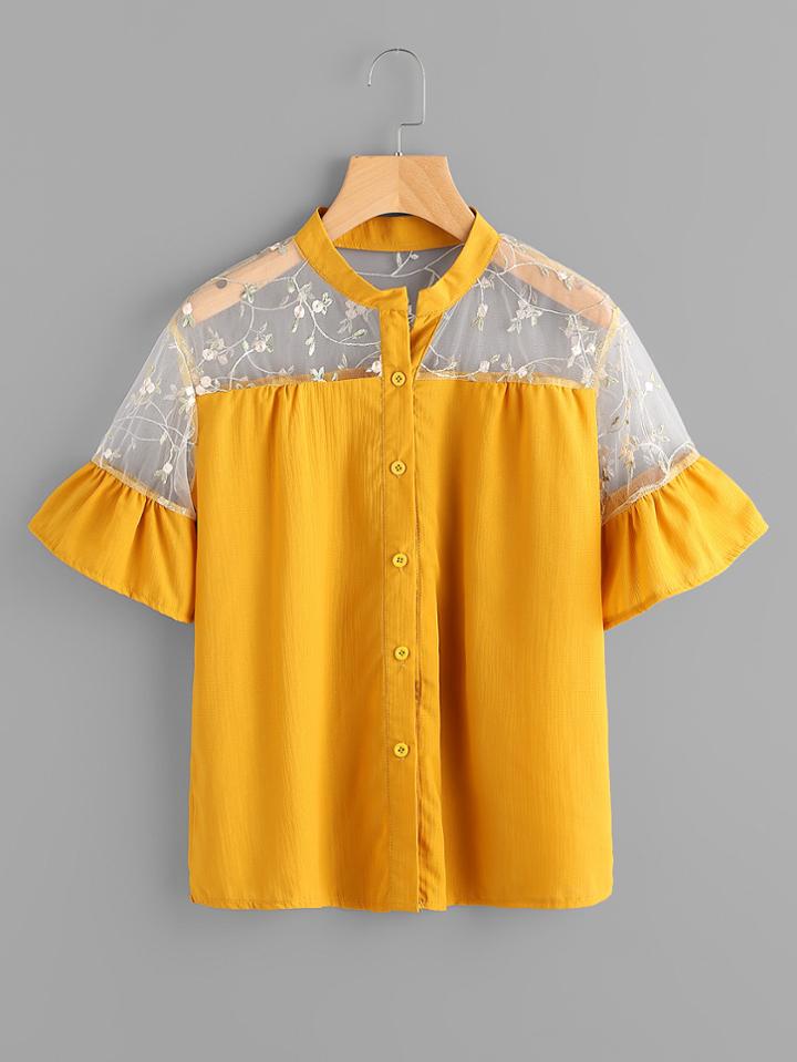 Shein Contrast Embroidery Mesh Frill Cuff Shirt